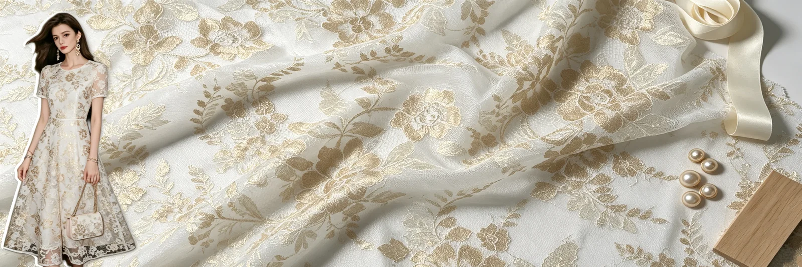 Model wearing a gold floral dress beside matching embroidered fabric